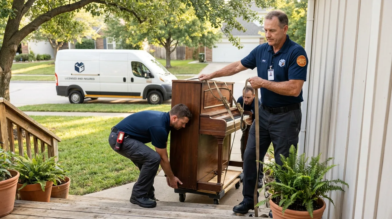 Licensed piano movers securing grand piano in Brookfield, IL