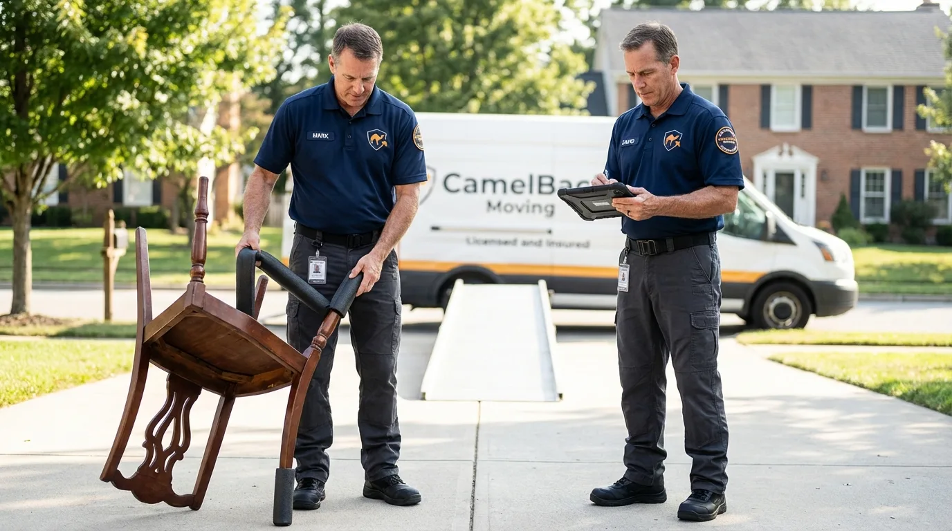 Movers inspecting furniture for damage prevention before loading in Brookfield, IL